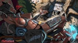 1girls abs armpits arms_up armwear big_breasts black_panties blood bottle bullet covered_eyes covered_pussy detailed_background fallout fallout_4 finger_gun gun helmet helmet_only laying_on_back laying_on_bed legs_together legs_up metal_bikini moltenseal_(artist) nuka-cola nuka-cola_quantum overbitch panties panties_under_pantyhose pantyhose piercing pixel_art raider_(fallout) red_lipstick ripped_pantyhose smile smiling strong_woman sunlight tape text thick_thighs topless