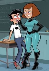 ai_generated bodysuit civitai classroom clothed clothing danny_fenton danny_phantom elbow_gloves erection erection_under_clothes gloves high_heel_boots latex madeline_fenton mommy mommy_dom mommy_kink mother_and_son nickelodeon nicktoons older_female self_upload teacher_and_student younger_male