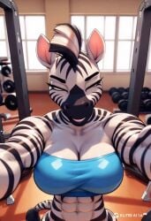 abs ai_generated animated anthro balls black_penis bra futanari gym horsecock mohawk muscular no_sound penis selfie stripes tagme veins video zebra