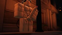 1boy 3d cum_drip demon_tail muscular_male precum public_masturbation public_nudity roblox robloxian solo_male