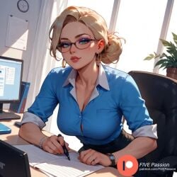 ai ai_assisted ai_generated big_breasts blonde_female blonde_hair blue_eyes bun_hair color comic comic_page digital_art digital_media_(artwork) female female_focus female_only five_passion glasses looking_at_viewer mature_female milf office office_lady uniform working