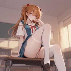 1girls ai_generated asuka_langley_sohryu blue_eyes ginger light-skinned_female neon_genesis_evangelion pale-skinned_female panties pantyshot school_uniform schoolgirl sitting solo_female thick_thighs thighhighs