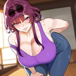 1girls ai_generated bending_forward bent_over big_breasts breasts cleavage creamy_ai curvy hanging_breasts hips hips_wider_than_shoulders honkai:_star_rail huge_breasts jeans kafka_(honkai:_star_rail) large_breasts light-skinned_female looking_at_viewer milf purple_hair skindentation smile tank_top thick_thighs thighs voluptuous wide_hips