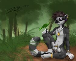 2025 animal_genitalia anklet anthro balls black_body black_fur bracelet digit_ring ear_piercing feet fully_sheathed fur furgonomics furry-specific_piercing genital_piercing genitals gloves_(marking) hi_res holding_leaf holding_object jewelry leaf leg_markings lemur male mammal markings necklace nude piercing primate purple_eyes rainbow_piercings ring scrotum_piercing sheath sheath_piercing sitting socks_(marking) solo strepsirrhine striped_markings striped_tail stripes tail tail_markings toe_ring toes white_body white_fur zephyrpanthur
