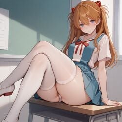 1girls ai_generated asuka_langley_sohryu blue_eyes ginger light-skinned_female neon_genesis_evangelion pale-skinned_female panties pantyshot school_uniform schoolgirl sitting solo_female thick_thighs thighhighs