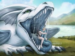 ambiguous_gender blonde_hair blue_tongue bodily_fluids day dragon duo fangs feral forked_tongue glistening glistening_eyes grass green_eyes hair hi_res human looking_at_viewer male mammal membrane_(anatomy) membranous_wings mountain mouth_shot mythological_creature mythological_scalie mythology narrowed_eyes on_tongue open_mouth outside plant saliva saliva_string santanahoffman scalie sharp_teeth teeth tongue water white_body white_wings wings
