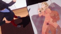 1girls 2boys 3d 3d_model ann_takamaki blonde_female blonde_hair blue_eyes cheating cheating_girlfriend cmnf cuckold cuckolding cum cum_in_pussy cum_inside flat_stomach flushed koikatsu light-skinned_female light_skin netorare ntr persona persona_5 pink_nipples ren_amamiya see-through shaved_pussy smooth_skin sweat under_covers x-ray