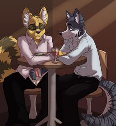 alcohol balls canine canine_penis closed_eyes clothed clothing erection feline furry gay hand_holding handjob husky hybrid jailbird male no_humans open_pants pants penis public raccoon sex table wine wolf