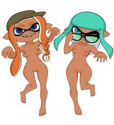 2024 2girls blue_eyes breasts feet female female_only green_hair hat inkling inkling_girl long_hair nintendo nipples orange_hair original original_character original_characters pussy small_breasts splatoon sunglasses tan_body tanned_female tanned_skin tied_hair white_background white_hair zveno