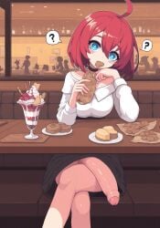 1futa 1futanari accidental_exposure ai_generated anonymous_artist blue_eyes cock confused eating foreskin futanari futanari long_penis looking_at_viewer penis question_mark red_hair sitting sitting_at_table solo spoken_question_mark unaware uncut uncut_penis