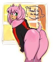 2017 amy_rose anthro anthrofied ass blush bottomless clothed clothing dialogue english_text eulipotyphlan female geeflakes green_eyes hedgehog hi_res looking_back mammal pink_hair sega short_hair solo sonic_(series) sonic_the_hedgehog_(series) text