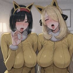 2girls ai_generated big_breasts black_hair blonde_female blonde_hair bodysuit breasts cosplay covered_navel curvaceous curvy_body curvy_female curvy_figure cynthia_(pokemon) erika_(pokemon) eyelashes facing_viewer fake_animal_ears female_hypno fur_collar fur_trim hair_accessory hair_ornament hair_over_one_eye huge_breasts human hypno_(cosplay) lips long_hair mature mature_female open_mouth pokemon pokemon_(cosplay) pokemon_(species) pokemon_bdsp pokemon_dppt purple_eyes short_hair smile stable_diffusion tongue tongue_out underdog454545