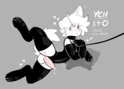 1boy 2025 anthro arm_warmers balls blush bodysuit canine collar_and_leash femboy furry gay heart legs_spread looking_back_at_viewer looking_shy penis pillows precum precum_drip puppy_ears red_eyes sammy_toyy tail thigh_highs tremble_lines tremble_spikes ych