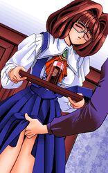 4bpp 90s artist_request brown_hair carrying copyright_request drink fingering game_cg glasses holding molestation oldschool pc98 rape short_hair skirt_lift tray waitress