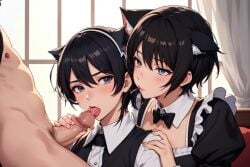 2subs 3boys ai_generated black_hair black_hair_bottom black_hair_male blowjob cat_boy cat_collar cat_ears cat_hybrid cat_tail catboy collar cuntboy cute femboy femboysub intersex maid maid_apron maid_dress maid_headdress maid_outfit maid_uniform male submissive trans trans_man transgender transgender_male