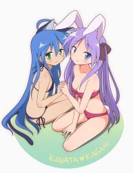 2girls anime bikini bunny_ears cat_ears holding_hands kagami_hiiragi konata_izumi light-skinned_female light_skin lucky_star melty_pot small_breasts tan-skinned_female tan_skin