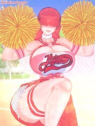 1girls 3d biceps big_breasts blush cheerleader clothed costume female female_only hair_covering_eyes hairbow huge_breasts kiminodonuts king_of_fighters koikatsu leg_up lips pom_poms red_hair round_breasts shermie_(kof) skirt smiling thick_thighs thighs thin_waist tubetop white_choker