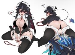 1boy 1girls ass ass_focus ass_up big_breasts bikini blush collar facesitting genderswap_(mtf) leash neuvillette_(genshin_impact) nosebleed nun_outfit ripped_pantyhose scar stockings succubus sweat sweatdrop tail thick_thighs thong wriothesley_(genshin_impact)