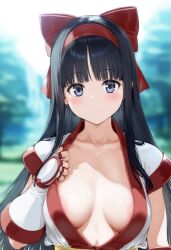 1girls ai_generated ainu_clothes areola_slip big_breasts black_hair blue_eyes breasts busty cleavage female female_only fingerless_gloves gloves hair_ribbon king_of_fighters large_breasts long_hair looking_at_viewer nakoruru no_bra parted_lips samurai_shodown snk voluptuous