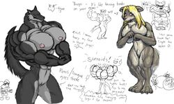 2013 abs anthro biceps big_breasts blonde_hair blush breasts canine color english_text extreme_muscles female fur furry hair humor inks looking_at_viewer male masturbation meme muscles muscular_female nipples nude pecs pussy red_eyes shy sketch text thematelija wolf