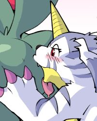 anal anthro ass bandai_namco blush digimon digimon_(species) duo gabumon horn licking male male/male mindnaughty oral red_eyes rimming rimming_male sex striped_pelt tongue