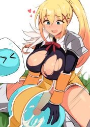 1futa 1other absurdres armor black_bodysuit black_gloves blonde_hair blue_eyes blush bodysuit bow bowtie breasts colored_tips commentary_request cum darkness_(konosuba) detached_sleeves ejaculation erection female futanari gloves heart highres kono_subarashii_sekai_ni_shukufuku_wo! large_breasts long_hair motion_lines multicolored_hair open_mouth orange_hair orgasm outdoors pelvic_curtain ponytail red_bow red_bowtie shiny_skin shoulder_armor simple_background slime_(creature) squatting sweatdrop thighs torn_bodysuit torn_clothes white_background yoshiwo_senpai