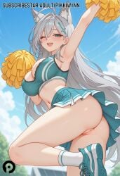 ai_generated alternate_costume animal_ear_fluff animal_ears arm_up armpits ass bangs bare_shoulders blue_archive blue_eyes blush breasts cheerleader cleavage cosplay crop_top day extra_ears female grey_hair hair_ornament holding holding_pom_poms large_breasts long_hair looking_at_viewer midriff miniskirt navel no_panties one_eye_closed open_mouth outdoors pikkiwynn pleated_skirt pom_pom_(cheerleading) pussy shiroko_(blue_archive) shoes skirt sky smile sneakers socks solo thighs very_long_hair white_socks wolf_ears