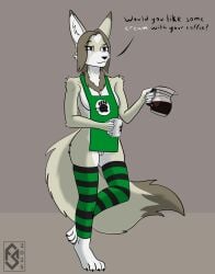 2025 absurd_res anthro apron barista beverage bottomless breasts brown_hair canid canine carafe_(object) clothed clothing coffee coffee_mug container countershade_torso countershading cup digital_drawing_(artwork) digital_media_(artwork) english_text female fennec_fox flat_colors flawedspirit fox fur genitals green_clothing hair hi_res holding_object legwear maddie_(flawedspirit) mammal medium_breasts mostly_nude osha_violation partially_clothed pattern_clothing pattern_legwear purple_eyes pussy shaded simple_background solo stockings striped_clothing striped_legwear stripes tan_body tan_fur text topwear true_fox tuft white_body white_fur