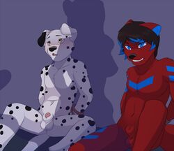 anthro balls bound canine clenched_teeth dalmatian folf fox fur furry hybrid jailbird male male_only nude penis_tip shadow sheath spread_legs spreading wolf