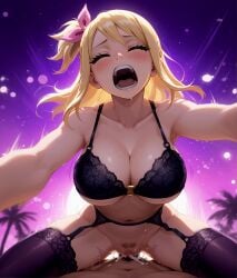 ai_generated blonde_hair bra cleavage cowgirl_position creampie fairy_tail garter_belt garter_straps illustrious_(stable_diffusion) large_breasts lucy_heartfilia o-ring orgasm orgasm_face outstretched_arms payop pov pubic_hair screaming stockings underboob vaginal_sex vaporwave