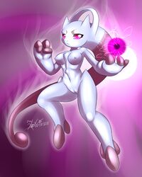 2013 breasts female hindpaw looking_at_viewer mega_evolution mega_mewtwo_y mewtwo mn_xenx navel nintendo nipples paws pink_eyes pokemon pokemon_(species) purple_background purple_skin pussy solo standing thighs video_games white_skin