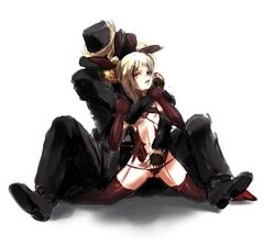 1boy blazblue blonde_hair drawfag ear_licking elbow_gloves fedora female fingering g-string gloves green_hair groping hair_ribbon half-closed_eyes hat hazama highres hug hug_from_behind jacket licking long_hair navel rachel_alucard red_eyes red_gloves red_legwear ribbon thighhighs tied_hair twintails