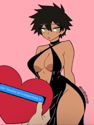 1boy 1girls ass badjujuarts big_breasts black_hair breasts card choker dark-skinned_female dark_skin dress female gift male natsumi_kurobe no_panties pov senpai_ga_uzai_kouhai_no_hanashi short_hair thick thick_ass thick_thighs tomboy valentine's_day yellow_eyes