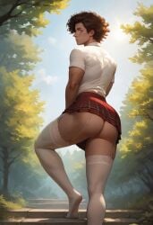 ai_generated ass ass big_ass big_butt boy brown_hair bubble_ass bubble_butt day from_behind garter_straps hazel_eyes leaves legwear looking_at_viewer looking_back male miniskirt nylons outdoors outside plaid_skirt pleated_skirt plump_ass red_plaid_skirt red_skirt round_ass round_butt school_uniform skirt solo stockings sunlight tallcallipygian tcallipygian thick_thighs thigh_highs thighhighs thighs tree white_legwear white_thighhighs