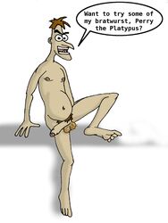 1boy balls brown_hair disney dr_heinz_doofenshmirtz flaccid foreskin hair human inviting_to_sex large_penis legs_apart looking_at_viewer male male_only mouth_open nude penis phineas_and_ferb pubic slightly_chubby solo speech uncut white_background