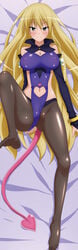 anus black_legwear blonde_hair blush breasts bridal_gauntlets cameltoe cleavage cleavage_cutout dakimakura demon_girl demon_tail feet female green_eyes heart_tail highres large_breasts leg_lift long_hair lotte_no_omocha! lying mercelida_ygvar milf mother navel navel_cutout on_back pantyhose pointy_ears sample smile solo spread_legs succubus succubus_costume succubus_tail sugimura_tomokazu tail