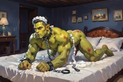 1boy ai_generated bondage chains collar cum doggy_style gay green_skin maid_headdress maid_uniform male male_only odinseye on_bed orc slave tagme whip_marks