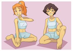 2girls alternate_version_available brown_hair feet green_eyes hair_tie hair_tied hi_res lewdtime midriff orange_eyes orange_hair ponytail suggestive suggestive_look suggestive_pose volleyball_girls_(w.i.t.c.h.) volleyball_shorts volleyball_uniform w.i.t.c.h. w.i.t.c.h._(comic)