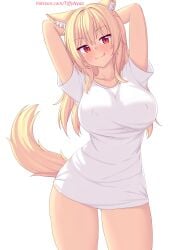 1female 1girl 1girls arms_up ass_visible_through_thighs big_ass big_boobs big_tits blonde_female blonde_hair blonde_hair_female boobs bottomless breasts cat_ears cat_girl cat_tail catgirl female female_only girl looking_at_viewer pajama_shirt pajamas patreon patreon_username perky_nipples pose red_eyes simple_background solo solo_female thighs tiffy tiffynyaa tits tongue tongue_out white_background white_shirt