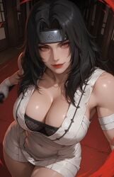 ai_generated bandana big_breasts black_hair cleavage dress fbps35 kunoichi kurenai_yuhi narrow_waist naruto_(series) naruto_shippuden red_eyes thick_thighs wide_hips