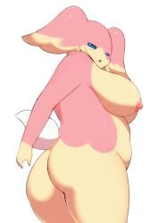 absurd_res anthro ass audino big_breasts big_butt big_ears blush breasts curvy_figure digital_media_(artwork) female generation_5_pokemon hi_res looking_at_viewer looking_back mammal nintendo nipples nude open_mouth pokemon pokemon_(species) simple_background solo umisag85rabb99