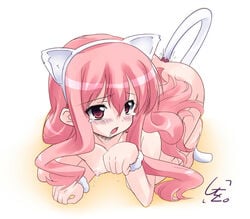 animal_ears blush butt_plug_tail buttplug buttplug_tail cat_ears cat_pose cat_tail long_hair louise_francoise_le_blanc_de_la_valliere nude paw_pose pink_eyes pink_hair saliva shiwo small_breasts tail tears wrist_cuffs zero_no_tsukaima