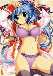 arms_up bikini blue_hair bra breasts highres jpeg_artifacts large_breasts lingerie long_hair mitsumine_minato open_clothes oshiki_hitoshi panties ponytail red_eyes suzunone_seven swimsuit thighhighs tied_hair underwear