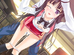 1boy 1girls black_hair breasts byakudan_midori classroom cum cum_in_pussy cum_inside desk dripping female female_orgasm happoubi_jin happy_sex human kanojo_x_kanojo_x_kanojo legs_together male orgasm panties panties_down purple_eyes school school_uniform schoolgirl sex small_breasts smile straight sunset thigh_gap thighs underwear wink