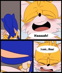 2015 anus ass balls blue_fur blush crazedg fur furry handjob hedgehog male male_only mammal multiple_males penis sonic_(series) sonic_the_hedgehog tails text yaoi