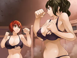 angry armpits bare_shoulders bra breasts brown_eyes brown_hair catfight cleavage clothes fight fighting fighting_stance fist futa_on_futa futa_with_futa futanari hair huge_breasts intersex lingerie midriff navel nipples original panties puffy_nipples red_hair remora_works short_hair torigoe_takumi torn_clothes underwear wrestling