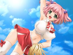 armpits breast_expansion breasts busty cheerleader clothes clothing cute dutch_angle erect_nipples game_cg green_eyes hair huge_breasts impossible_clothes impossible_shirt kurumi_akizawa large_breasts midriff necktie pink_hair shinshoku shinshoku_2 shinshoku_2_~inma_no_ikenie~ shinsyoku_2_~inma_no_ikenie~ shinsyoku_~inma_no_ikenie~ shirt skirt sumisumi thighhighs touchable walnut_(shinshoku)