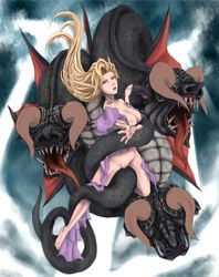 blonde_hair breasts byunei demon_girl foreshortening hands kouzilow long_hair monster nude pointy_ears pubic_hair red_eyes romancing_saga_3 saga