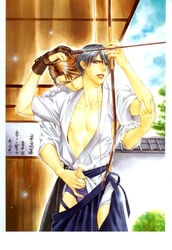 2boys archery arrow ayano_yamane bow_(weapon) censored gay hakama handjob highres human japanese japanese_clothes male male_only multiple_boys nude open_clothes open_shirt penis shirt undressing weapon yaoi