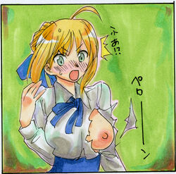 artoria_pendragon blonde_hair blouse breasts enf fate/stay_night fate_(series) green_eyes kikuta nipples torn_clothes traditional_media wardrobe_malfunction